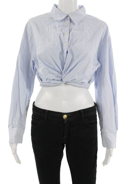 Zara Womens Cropped Striped Cotton Collared Button Up Top Light Blue 90s Size S