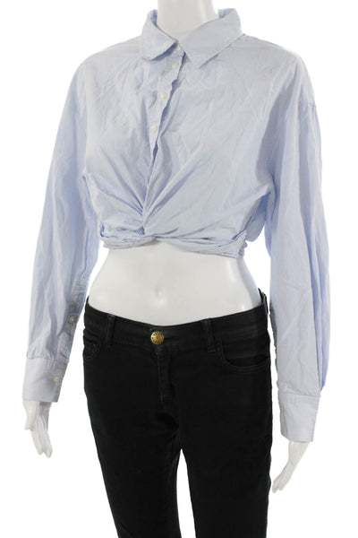 Zara Womens Cropped Striped Cotton Collared Button Up Top Light Blue 90s Size S