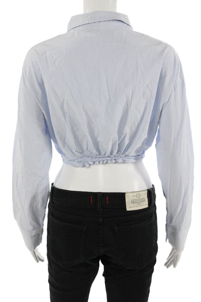 Zara Womens Cropped Striped Cotton Collared Button Up Top Light Blue 90s Size S