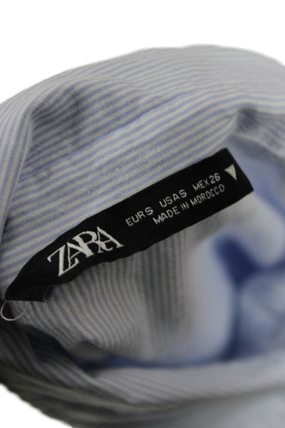 Zara Womens Cropped Striped Cotton Collared Button Up Top Light Blue 90s Size S