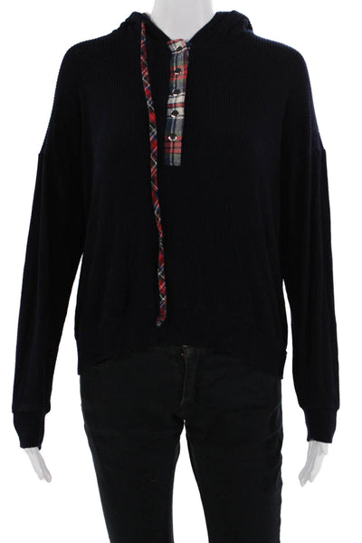 Michael Lauren Womens Henley Hoodie Navy Plaid Longsleeve Drawstring Size S