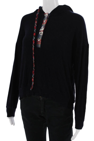 Michael Lauren Womens Henley Hoodie Navy Plaid Longsleeve Drawstring Size S