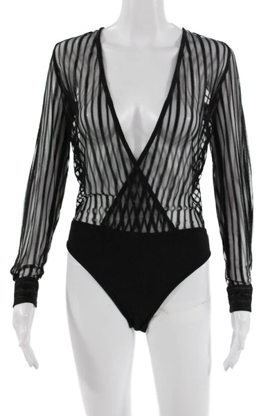 By The Way Womens Black Striped V Neck Long Sleeve Bodysuit Size XS