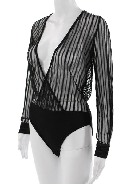 By The Way Womens Black Striped V Neck Long Sleeve Bodysuit Size XS