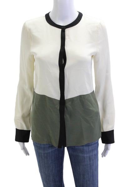 Amour Vert Women Beige Silk Button Up Blouse Long Sleeve Round Neck Size XS