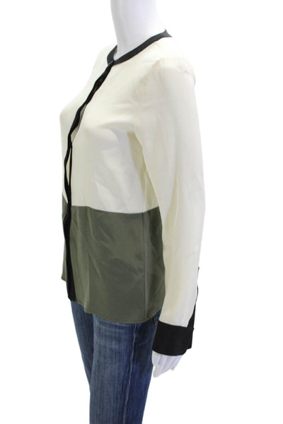 Amour Vert Women Beige Silk Button Up Blouse Long Sleeve Round Neck Size XS