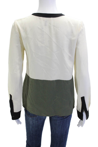 Amour Vert Women Beige Silk Button Up Blouse Long Sleeve Round Neck Size XS