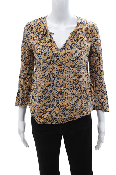 J Crew Women Tunic Blouse Beige Cotton V Neck 3/4 Sleeve Animal Print Size 0