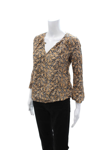 J Crew Women Tunic Blouse Beige Cotton V Neck 3/4 Sleeve Animal Print Size 0
