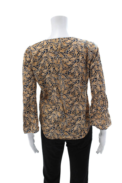 J Crew Women Tunic Blouse Beige Cotton V Neck 3/4 Sleeve Animal Print Size 0