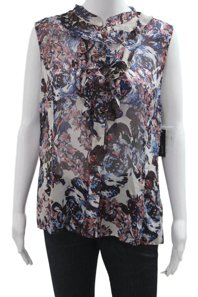 Tahari Levine Womens Sleeveless Floral Button-Up Blouse Blue Polyester Size L