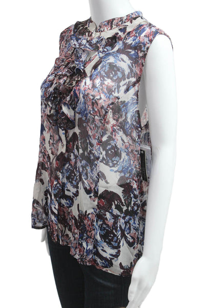 Tahari Levine Womens Sleeveless Floral Button-Up Blouse Blue Polyester Size L