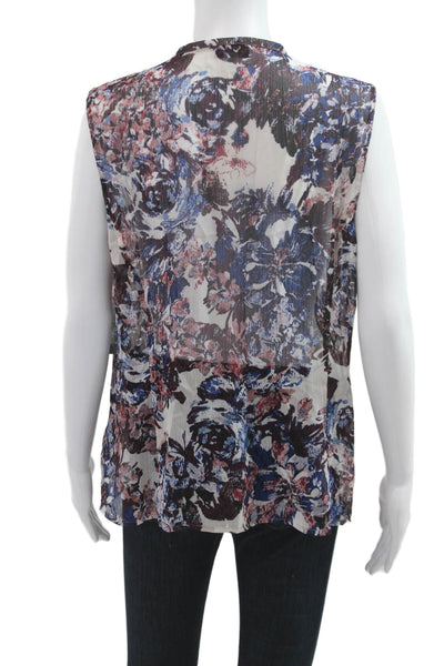 Tahari Levine Womens Sleeveless Floral Button-Up Blouse Blue Polyester Size L