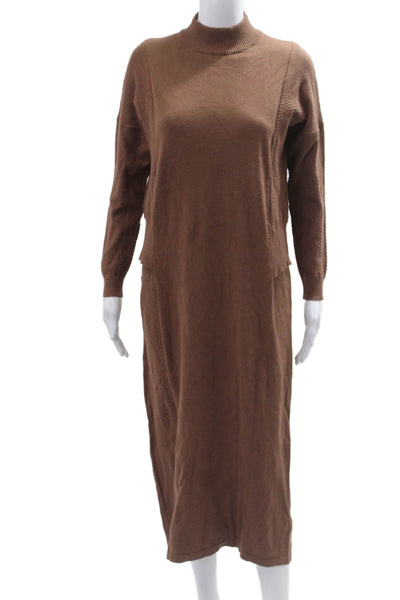 Beige Women Brown Mock Neck Long Sleeve Maxi Sweater Dress Size XS