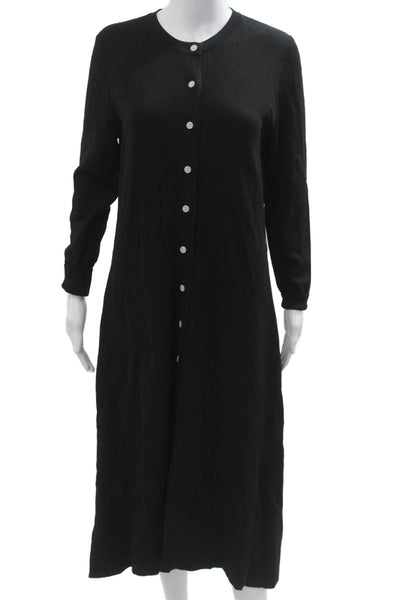 Yal Womens Shirt Dress Black Button Long Sleeve Crew Neck Viscose Nylon Size S