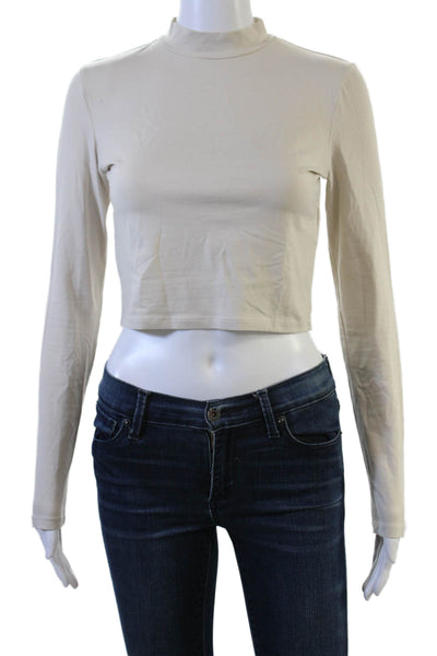 Zara Womens Cropped Mock Neck Long Sleeve Beige 90s T Shirt Size S