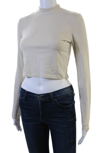 Zara Womens Cropped Mock Neck Long Sleeve Beige 90s T Shirt Size S