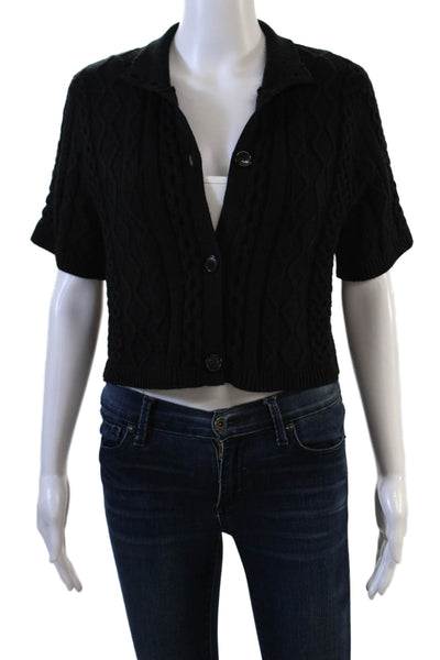 Beige Womens Black Collared Button Cardigan Short Sleeve Acrylic Wool Size XS