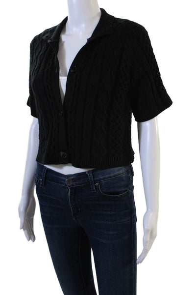 Beige Womens Black Collared Button Cardigan Short Sleeve Acrylic Wool Size XS