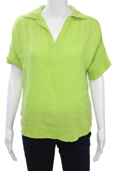 Michael Stars Women Collared Cotton Short Sleeve Basic Top Green Size XS