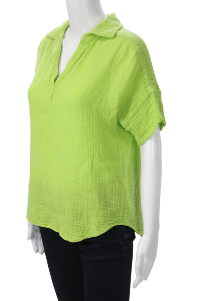 Michael Stars Women Collared Cotton Short Sleeve Basic Top Green Size XS
