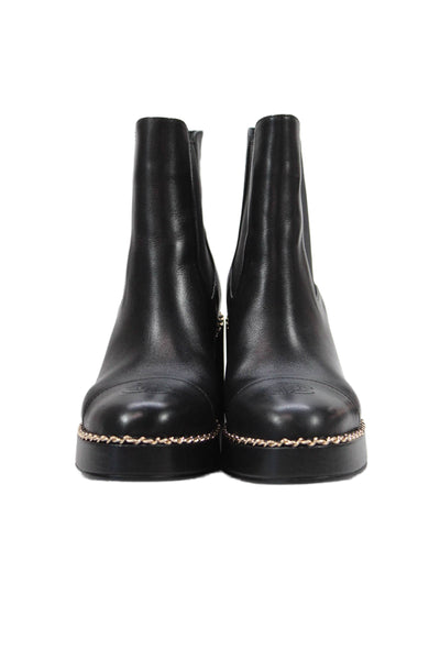 Chanel Womens Leather Embossed Cap Toe Chained Ankle Boots Black Size EUR 36