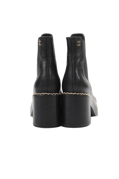 Chanel Womens Leather Embossed Cap Toe Chained Ankle Boots Black Size EUR 36