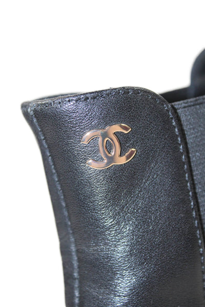 Chanel Womens Leather Embossed Cap Toe Chained Ankle Boots Black Size EUR 36