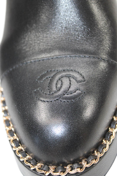 Chanel Womens Leather Embossed Cap Toe Chained Ankle Boots Black Size EUR 36