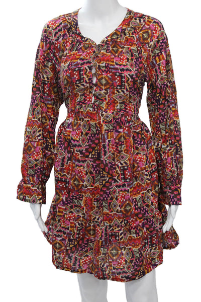Xirena Women Shirt Dress Pink Cotton Long Sleeve Short Aztec Size M