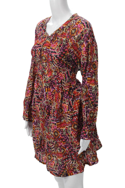 Xirena Women Shirt Dress Pink Cotton Long Sleeve Short Aztec Size M