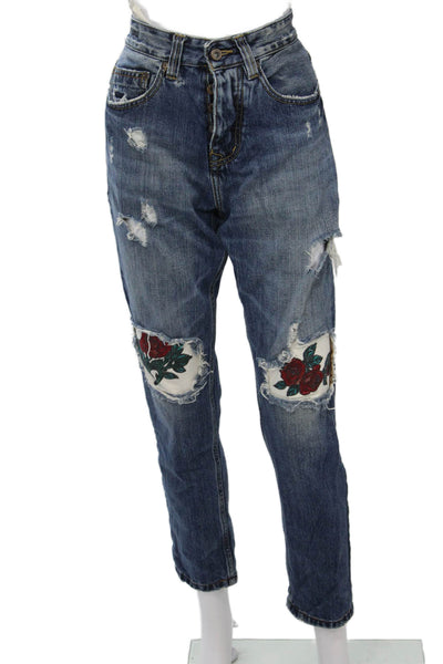 Pull & Bear Womens Mom Straight Floral Dark Blue Mid Rise Cotton Jeans Size 31