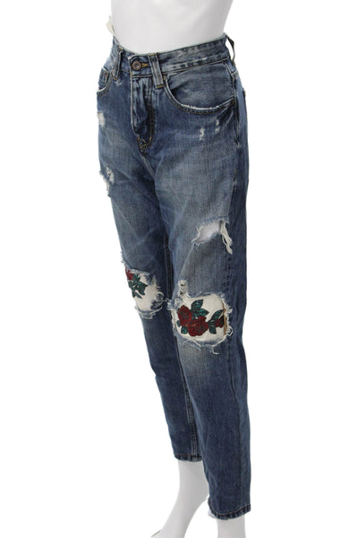 Pull & Bear Womens Mom Straight Floral Dark Blue Mid Rise Cotton Jeans Size 31