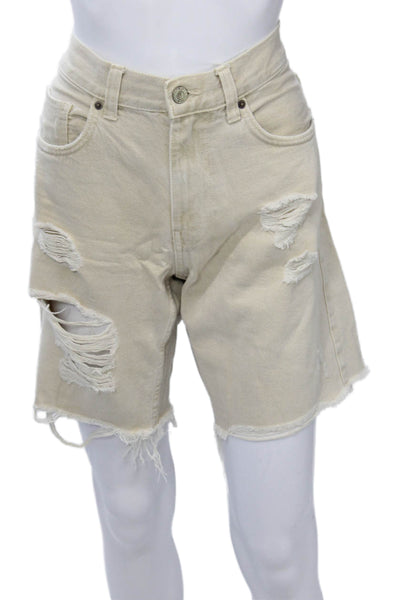 Bershka Women Bermuda Cotton Shorts Beige Button Size 30
