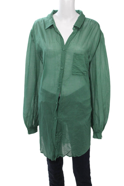 Skin Womens Tunic Button-Up Green Collared Long Sleeve Solid Cotton Size S