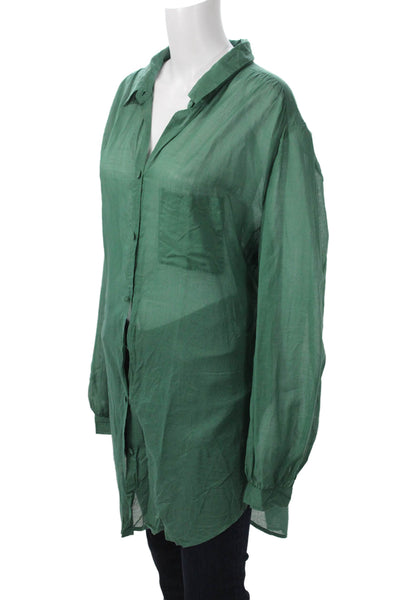 Skin Womens Tunic Button-Up Green Collared Long Sleeve Solid Cotton Size S