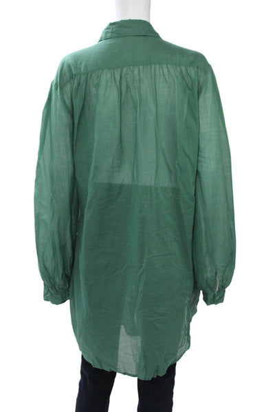 Skin Womens Tunic Button-Up Green Collared Long Sleeve Solid Cotton Size S