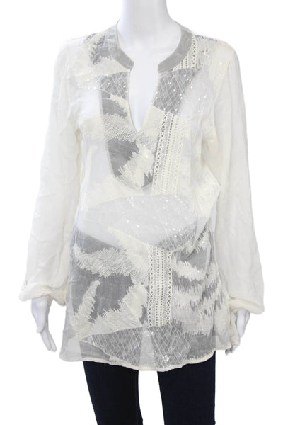 Language Womens Tunic Blouse V-Neck Long Sleeve 100% Silk White Size S