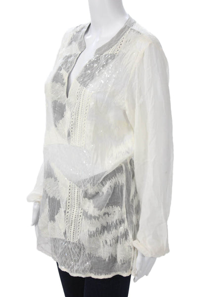 Language Womens Tunic Blouse V-Neck Long Sleeve 100% Silk White Size S