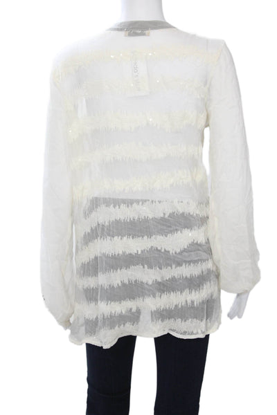 Language Womens Tunic Blouse V-Neck Long Sleeve 100% Silk White Size S