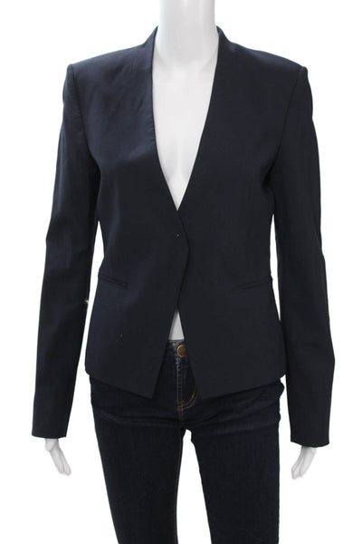 Theory Women Dark Blue Wool V-Neck Classic Blazer Long Sleeve Size 8