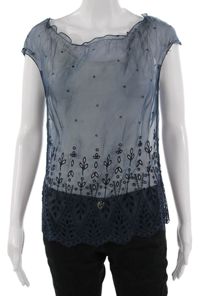 Elie Tahari Women Dark Blue Silk Floral Round Neck Sleeveless Blouse Size XS
