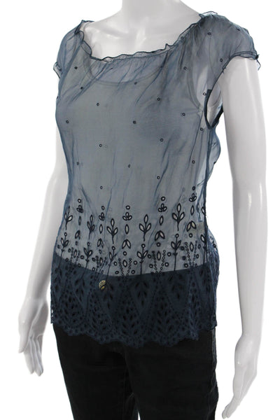 Elie Tahari Women Dark Blue Silk Floral Round Neck Sleeveless Blouse Size XS