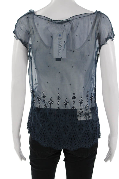 Elie Tahari Women Dark Blue Silk Floral Round Neck Sleeveless Blouse Size XS