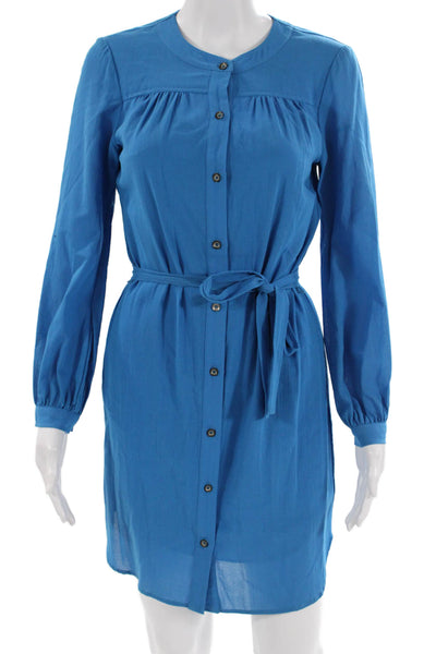 Trina Turk Womens Shirt Dress Solid Blue Long Sleeve Round Neck Cotton Size 0