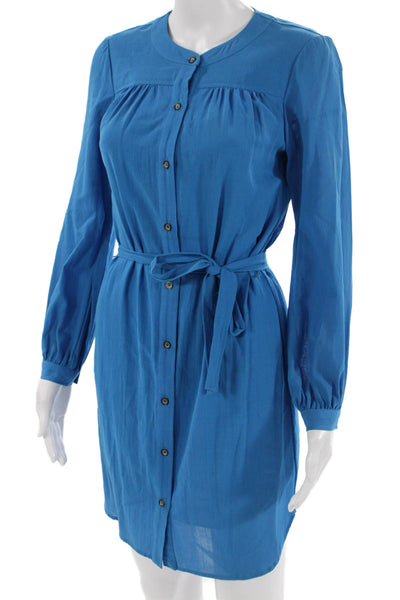 Trina Turk Womens Shirt Dress Solid Blue Long Sleeve Round Neck Cotton Size 0