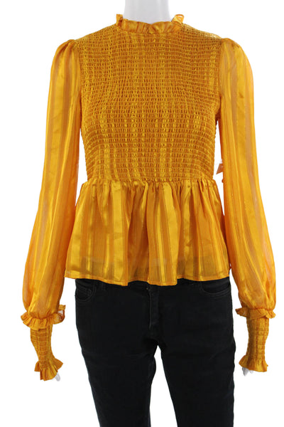 Aqua Womens Striped High Neck Bohemian Yellow Button Long Sleeve Blouse Size S