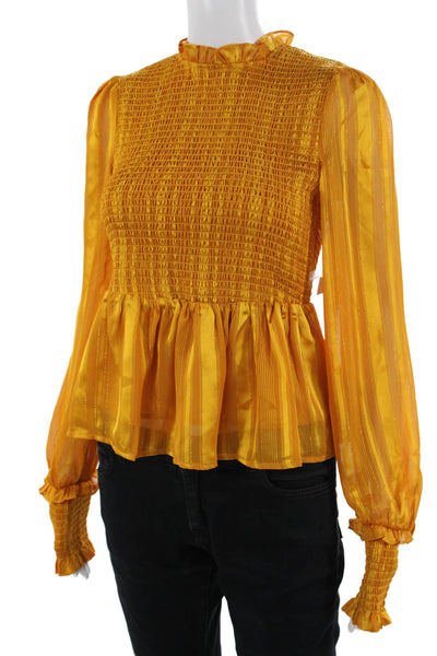 Aqua Womens Striped High Neck Bohemian Yellow Button Long Sleeve Blouse Size S