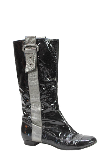 Theory Womens Block Heel Metallic Trim Patent Leather Boots Black Size 38