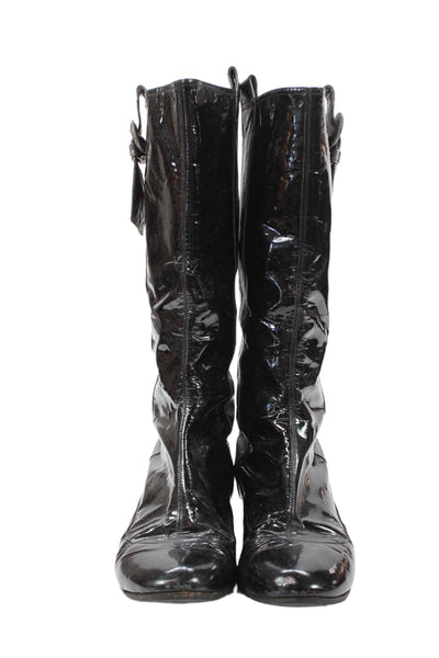 Theory Womens Block Heel Metallic Trim Patent Leather Boots Black Size 38